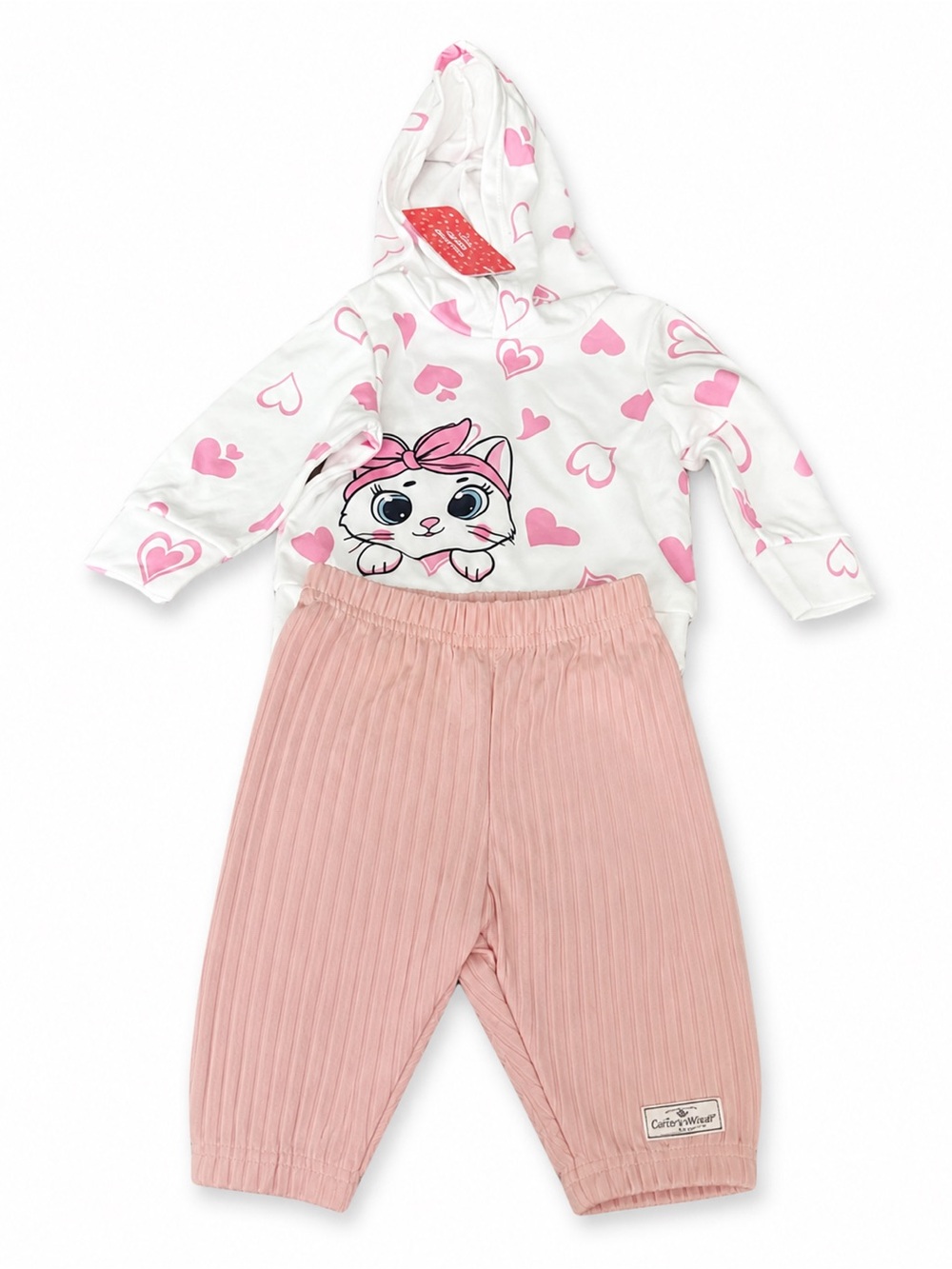 Girls White & Pink Heart Hoodie with Pink Pleated Pants